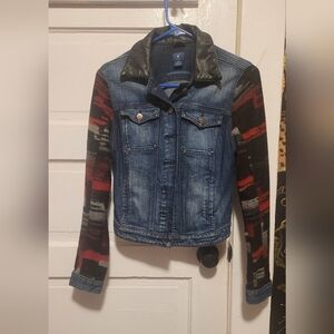 Guess Denim Jacket with Black Faux Leather Collar & Red Accented Sleeves